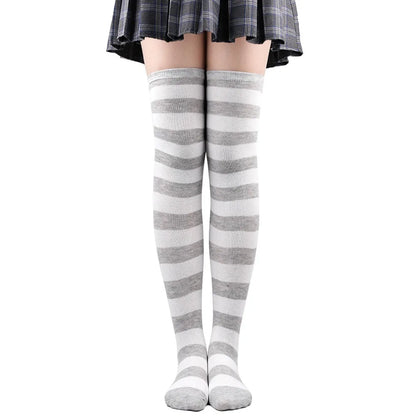 Color Striped Japanese Over-Knee Socks – Fashionable Slim Fit Black & White Stockings for Women