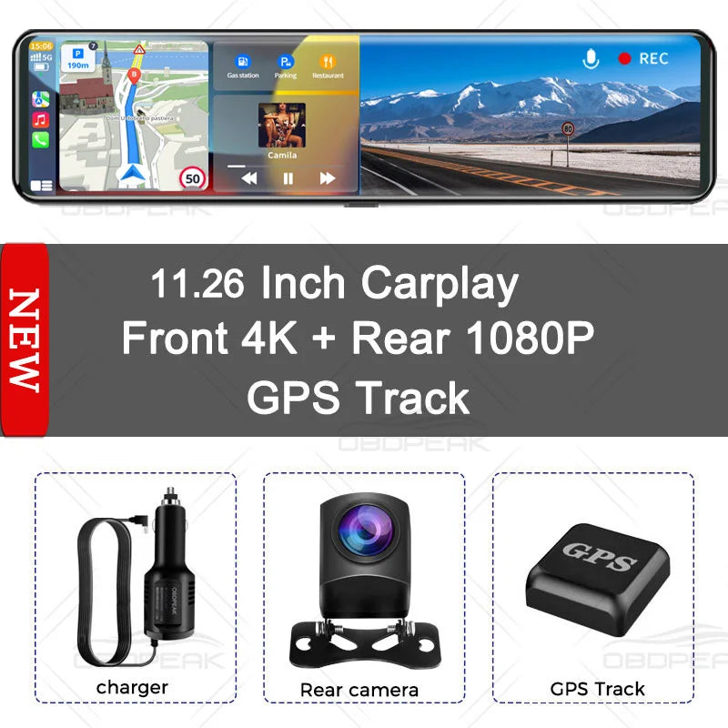 OBDPEAK K4 11.26" Rearview Mirror Dash Cam - 4K 3840x2160P, CarPlay, Android Auto, WIFI, GPS Navigation, Video Recorder