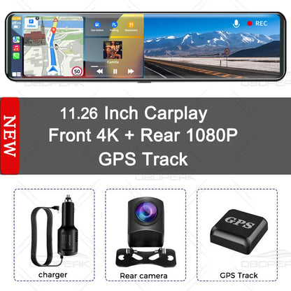 OBDPEAK K4 11.26" Rearview Mirror Dash Cam - 4K 3840x2160P, CarPlay, Android Auto, WIFI, GPS Navigation, Video Recorder