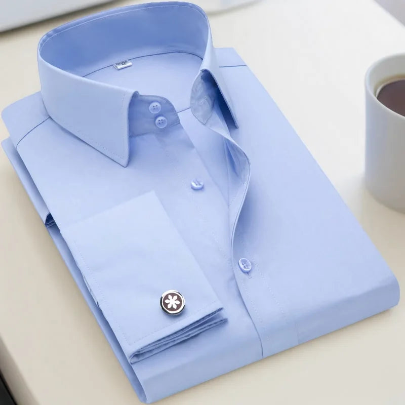 Men’s French Cuff Dress Shirt - Slim Fit Solid Color Long Sleeve Formal Business Shirt
