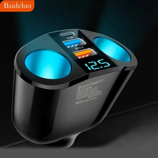 Dual-Port Car Charger Adapter – Digital Display, Simultaneous Charging for Multiple Devices