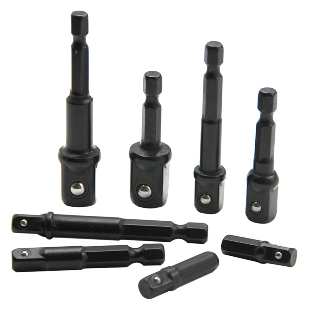 8pc Electric Screwdriver Adapter Set – 1/2'' Hex, 3/8'' Square, 1/4'' Extension Rod Tool Accessories