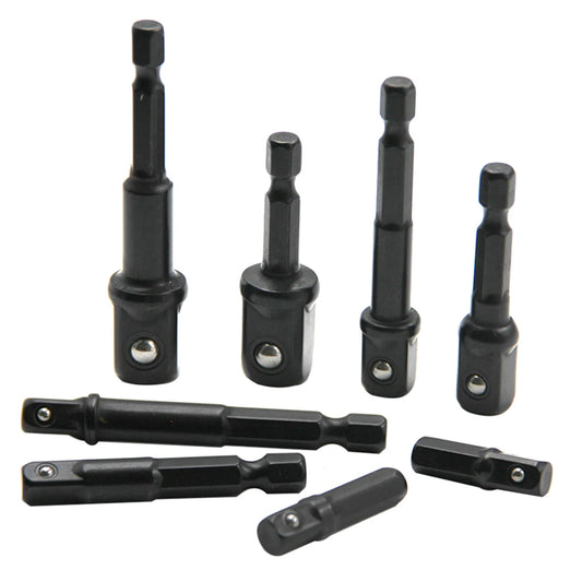 8pc Electric Screwdriver Adapter Set – 1/2'' Hex, 3/8'' Square, 1/4'' Extension Rod Tool Accessories