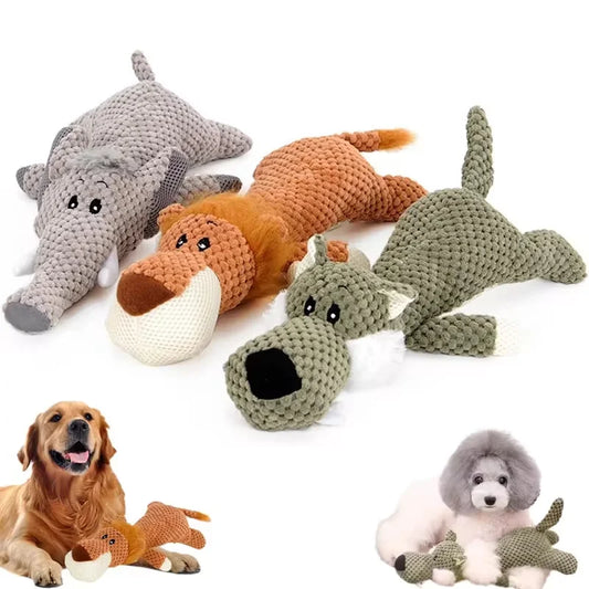 Large Dog Squeaky Plush Toy - Bite-Resistant Cartoon Lion, Wolf & Elephant Chew Toy for Small Medium Dogs