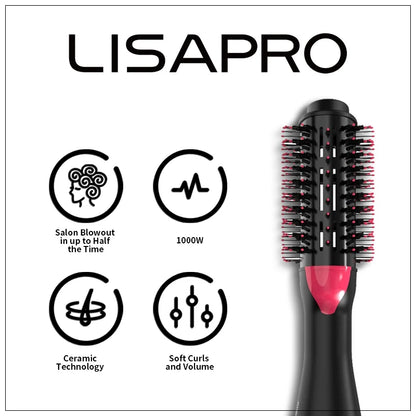 LISAPRO 3-in-1 Hot Air Brush - Professional Hair Dryer, Volumizer & Styling Brush With 1000W One-Step Blow Drying