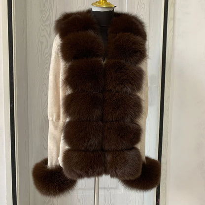 Women’s Spring & Autumn Sweater Cardigan – Real Fox Fur Collar Jacket, Natural Fur Outerwear