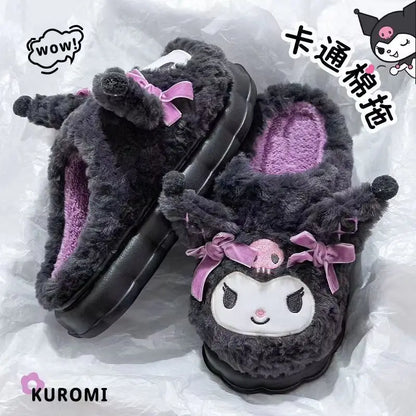 Kuromi Cotton Slippers for Women — Cute Cartoon Anti-Slip Home Shoes, Thickened Autumn & Winter Footwear