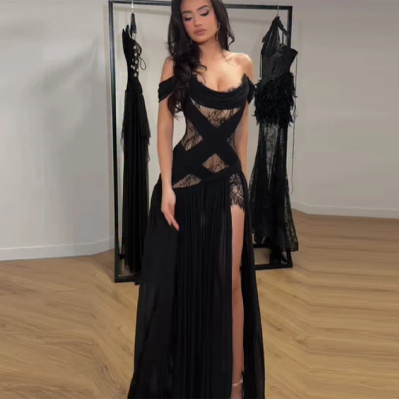 Elegant Lace Patchwork Strapless Dress – Sexy Off-Shoulder High Waist Long Skirt Y2K Gothic Party Gown