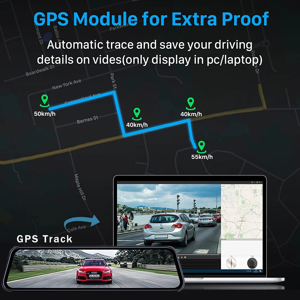 10'' 4K Mirror Dash Cam with GPS & WiFi – Dual Lens Car DVR, IPS Screen, Rearview Streaming Recorder