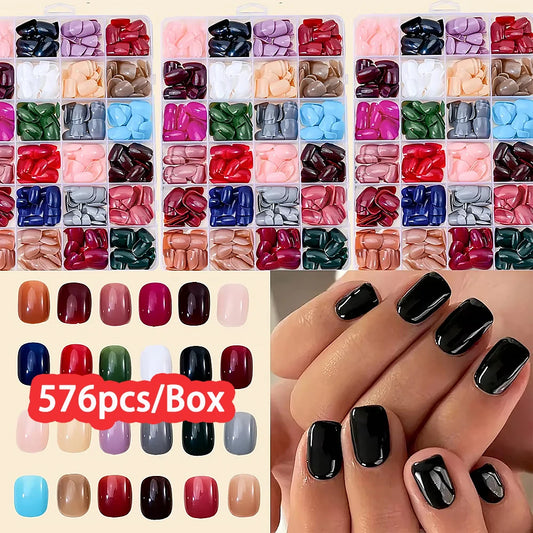 576PCS Colorful Press-On Fake Nails Set – Black & Red Oval/Square Short Full Cover Nail Tips for Salon-Style Nail Art