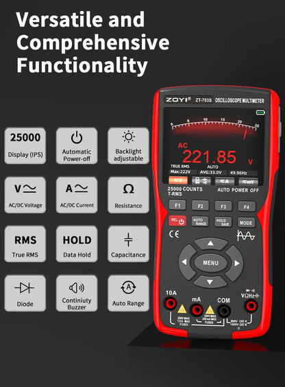 ZOYI 703S Handheld Oscilloscope Multimeter – Dual-Channel 3-in-1 Auto Repair Tool with Color Screen