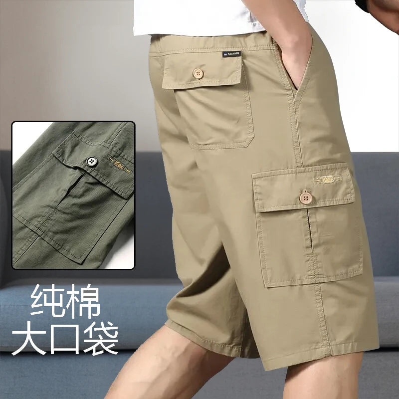 Men's Cargo Knee Shorts - Cotton Summer Climbing Jogger Pants with Zipper Pockets & Elastic Waist