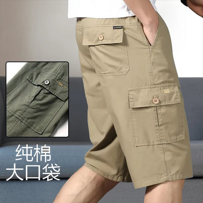 Men's Cargo Knee Shorts - Cotton Summer Climbing Jogger Pants with Zipper Pockets & Elastic Waist