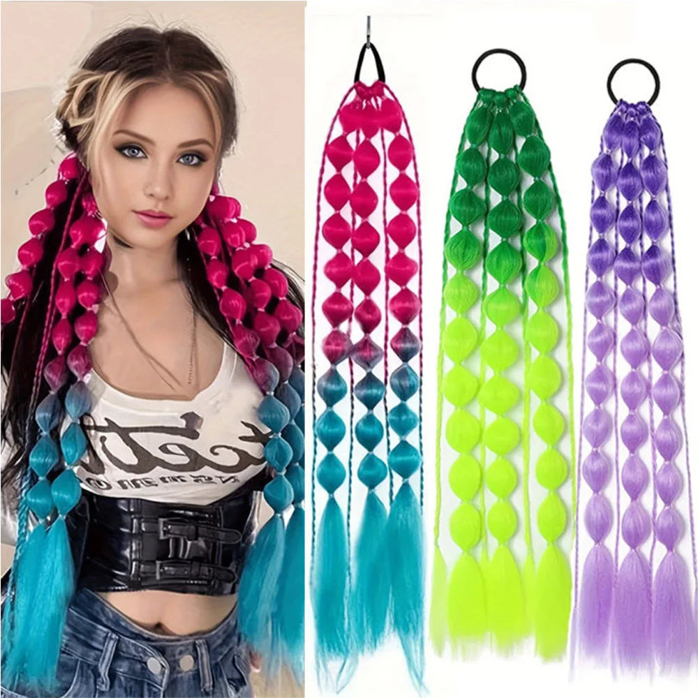 Lantern Bubble Ponytail Extension – 20" Ombre Twisted Braid with Elastic Band for Women