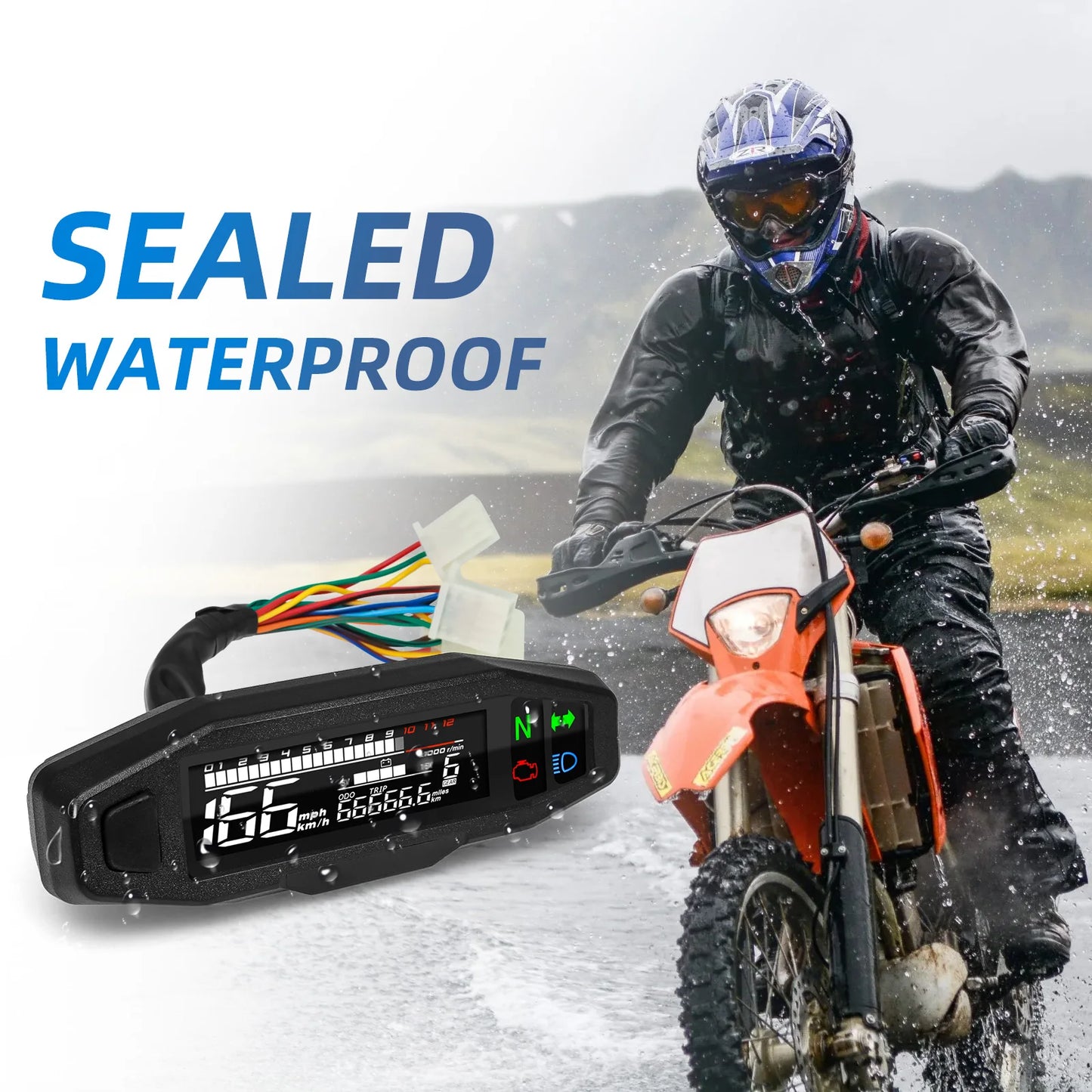 AD Universal Motorcycle Digital Speedometer – LED Tachometer Dashboard Instrument Panel with LCD Display & Y Bracket