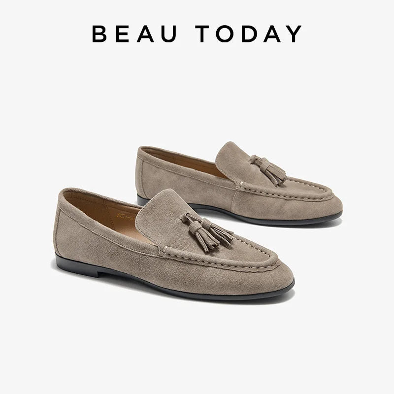 BEAUTODAY Women’s Casual Loafers – Suede Leather Tassel Slip-On Round Toe Flats, Handmade Business Shoes 26277