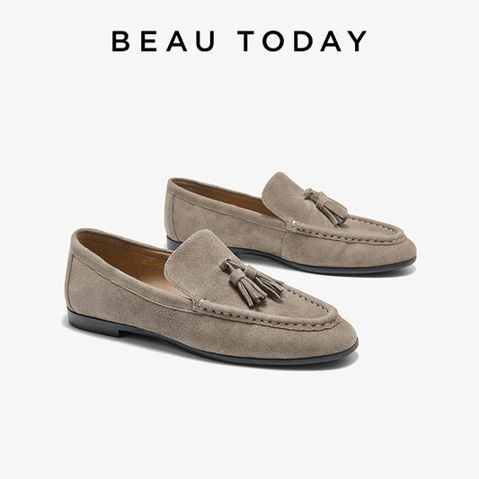 BEAUTODAY Women’s Casual Loafers – Suede Leather Tassel Slip-On Round Toe Flats, Handmade Business Shoes 26277