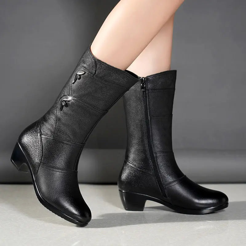 2024 Women’s Fashion Mid-Calf Boots – Waterproof Leather, Anti-Slip Zipper Winter Footwear