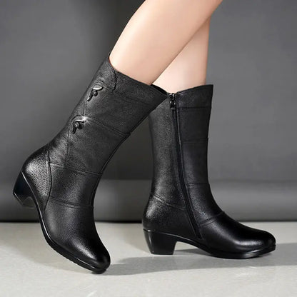 2024 Women’s Fashion Mid-Calf Boots – Waterproof Leather, Anti-Slip Zipper Winter Footwear
