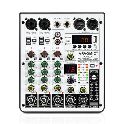 ARVOMIC 4-Channel DJ Audio Mixer – USB Interface, Bluetooth, 16 DSP Effects & 3-Band EQ (ARMX-4)