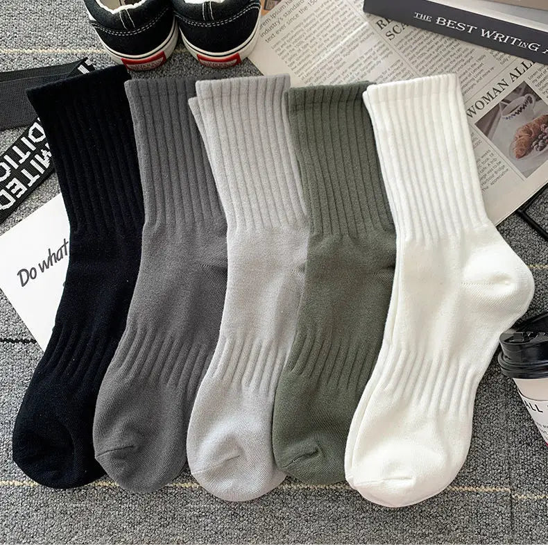 5 Pairs Cool Men's Socks Set – Black & White, Warm Autumn/Winter Sport Short Socks, Solid Color for Men