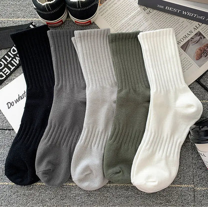 5 Pairs Cool Men's Socks Set – Black & White, Warm Autumn/Winter Sport Short Socks, Solid Color for Men