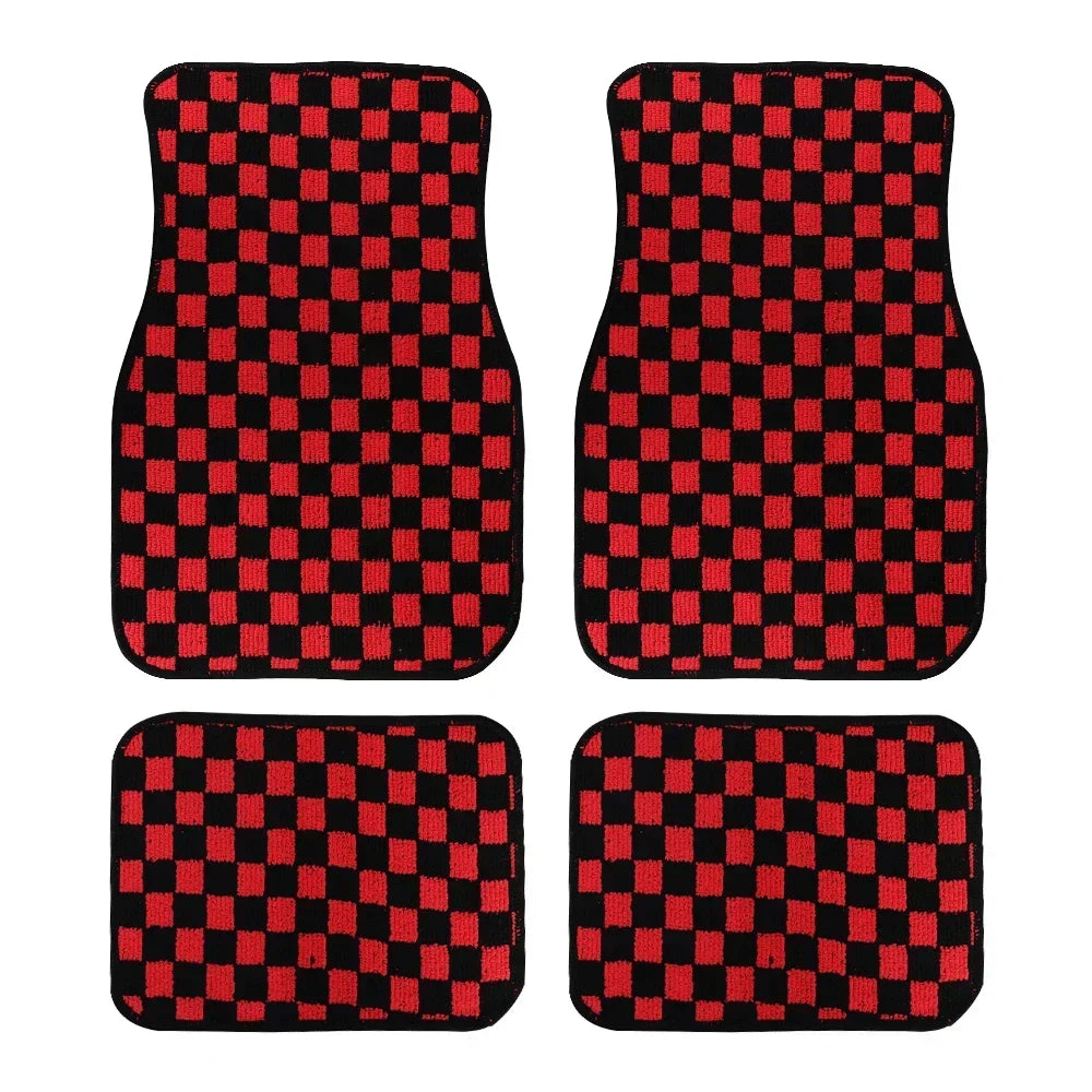 4PCS Universal Checkered Car Floor Mats - Anti-Slip Front & Rear Checkerboard Auto Carpet Foot Mats