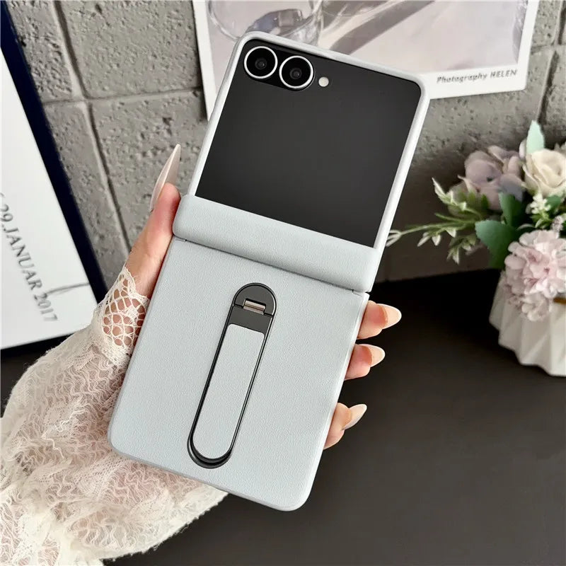 Samsung Galaxy Z Flip 8 Vegan Leather Case - Shockproof Stand Cover with Tempered Glass & Hinge Protection
