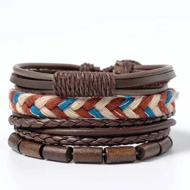 4Pcs Men's Braided Leather Bracelets Set – Vintage Life Tree & Rudder Charms, Wood Beads, Ethnic Tribal Wristbands