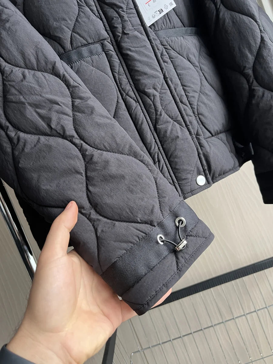 2024 ETJ Quilted Women's Coat – Beige Drawstring High Neck Jacket with Ties & Pockets