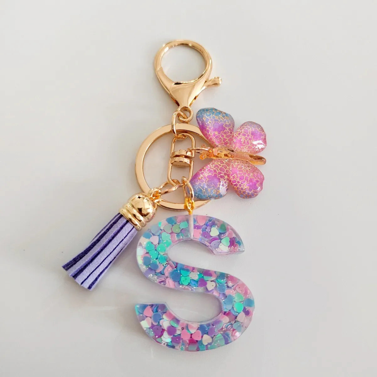 Butterfly Initial Keychain - Fringe Sequin A-Z Letter Bag Charm for Women & Students