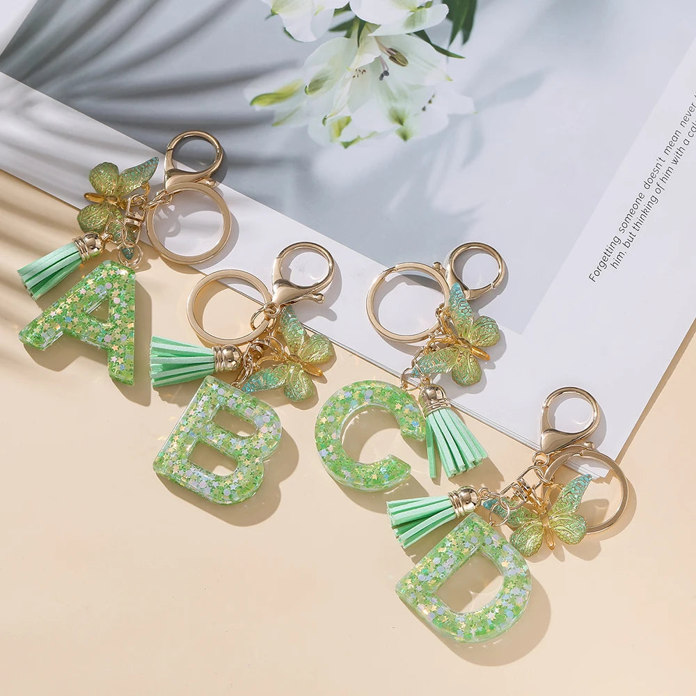 A-Z Initial Letter Resin Keychain - Green Butterfly Lobster Key Ring & DIY Charm