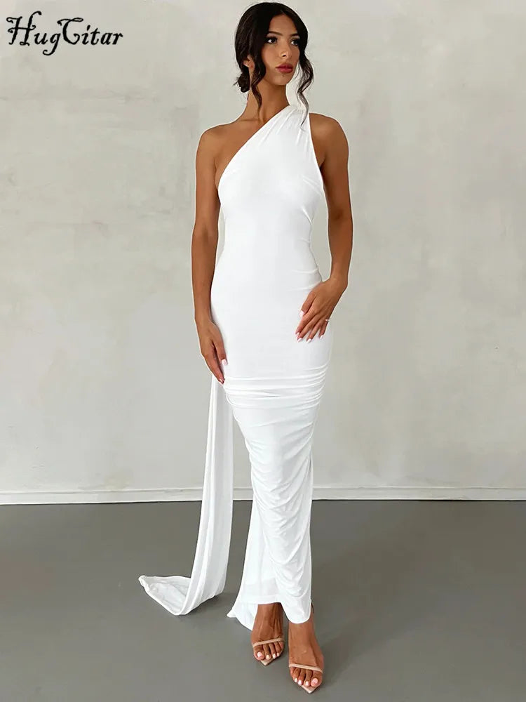 Hugcitar One Shoulder Backless Maxi Dress for Women – Adjustable Scarf Ruched Sexy Elegant Y2K Festival & Streetwear Party Outfit