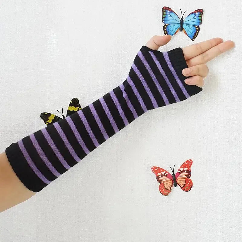 Warm Knitted Long Fingerless Gloves – Striped Elbow Mittens for Women, Fashion Christmas Gift
