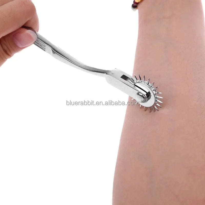 BDSM Mini Wartenberg Pinwheel — Sensation Fetish Spiked Metal Wheel with Sheath, Three-Wheel Design