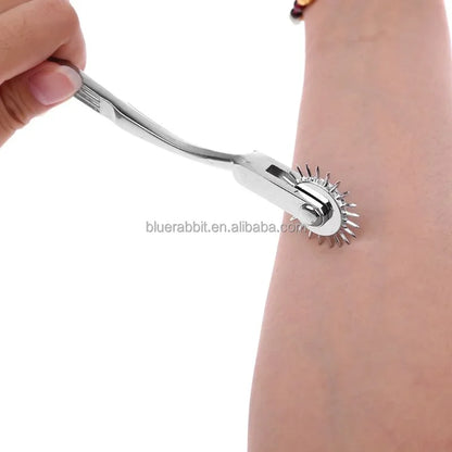 BDSM Mini Wartenberg Pinwheel — Sensation Fetish Spiked Metal Wheel with Sheath, Three-Wheel Design