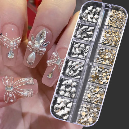12-Grid Mixed Nail Rhinestones SS6-SS30 – Shiny Flat-Back Gems in Clear, Gold, Pink & Blue for Nail Art Decoration