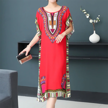 Women’s Bohemian Floral Tunic Dress - Retro Ethnic Print Batwing Sleeve Loose Summer Maternity Streetwear