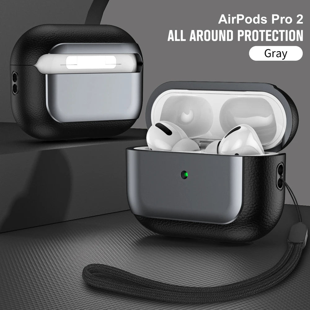 Luxury Leather Pattern Earphone Case for AirPods Pro 2/3/4 – Shockproof ANC Cover with Lanyard