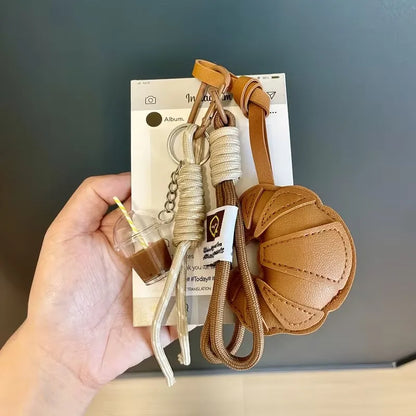 Croissant Bread Keychain - Braided Rope Heart Bag Charm & Phone Lanyard Gift