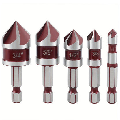 5PCS M35 Cobalt Countersink Drill Bit Set – 82° 5-Flute Hex Shank (1/4") for Metal, Wood & Precision Drilling with Holder