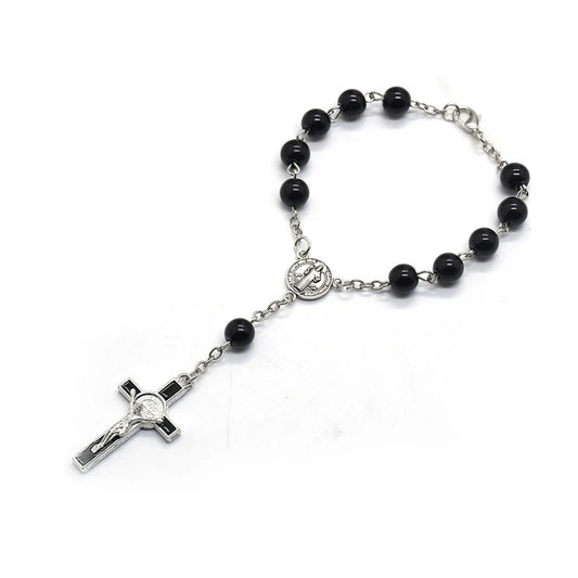 Exquisite Black Glass Rosary Cross Bracelet – Catholic Prayer Bead Jewelry, Religious Wrist Rosary for Faith & Spiritual Devotion
