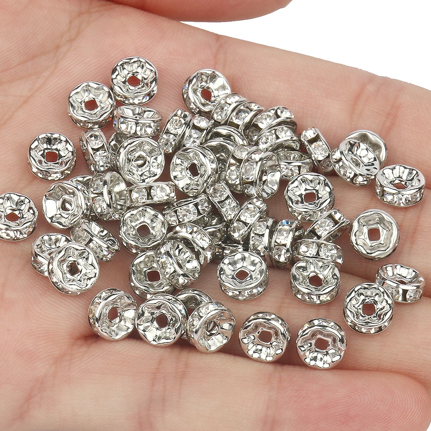 50PCS Rhinestone Spacer Beads Set – Multi-Color Crystal Rondelle Metal Beads for DIY Jewelry & Bracelet Making