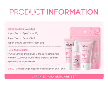 3pcs LAIKOU Vitamin C 24K Golden Sakura Skincare Set – Moisturizing Face Cream, Serum & Eye Cream
