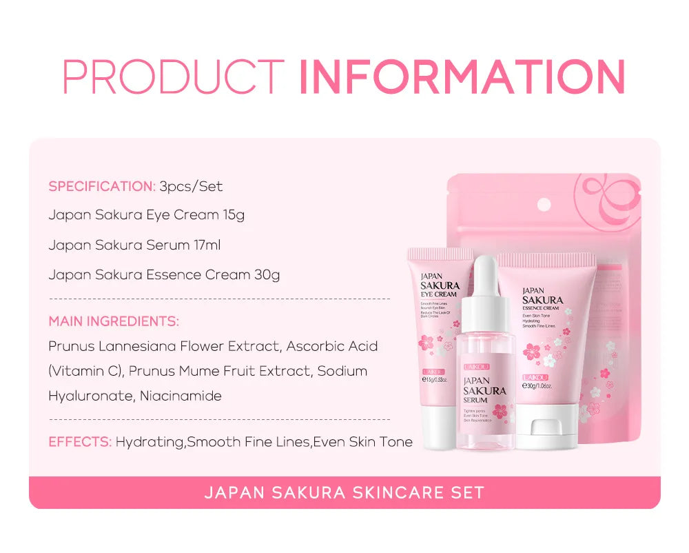 LAIKOU 3pcs Vitamin C & 24K Gold Sakura Skincare Set — Moisturizing Face Cream, Serum & Eye Cream, Anti-Wrinkle Face Care Kit