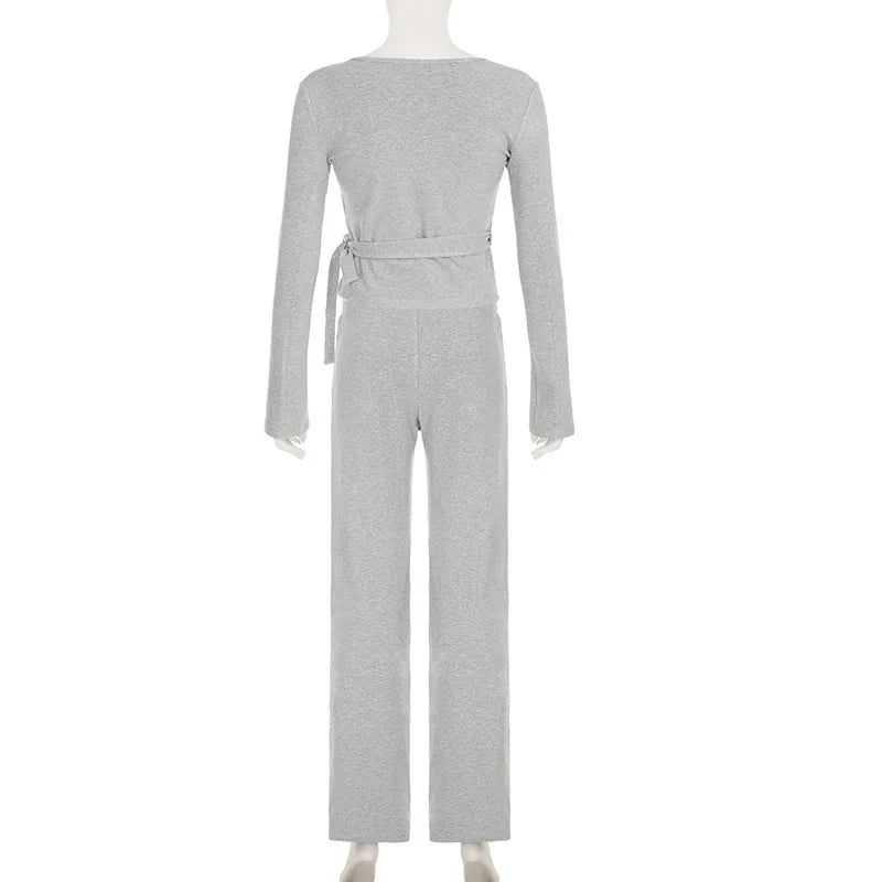 Apprabant Women’s Casual Fashion Set – Drawstring High-Waist Trousers with Plush Loose Pants and Lace-Up Flared Sleeve V-Neck Top