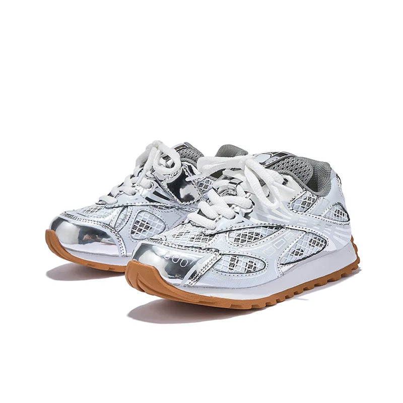 Kids Metallic Mesh Sneakers - Lightweight Casual Running and Walking Shoes for Boys and Girls