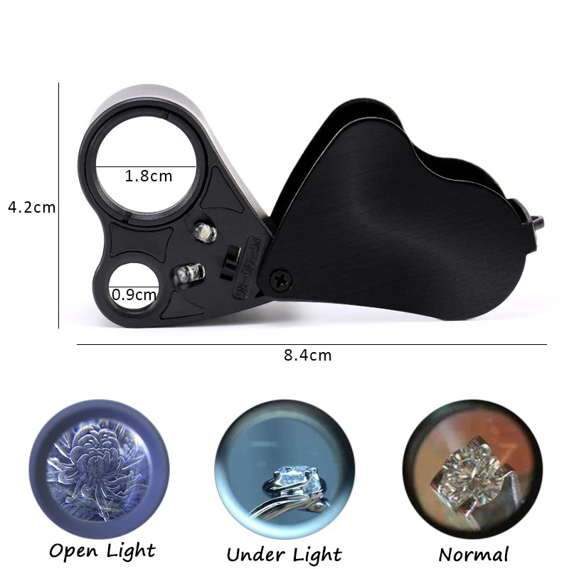 30X 60X LED Jewelry Loupe Magnifier - Foldable Illuminated Eye Glass for Gems Coins and Watch Inspection