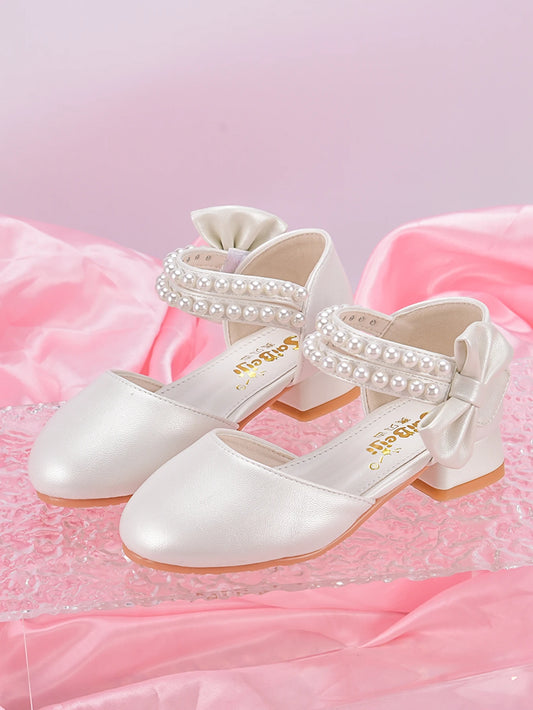 Girls’ Princess High-Heel Shoes - White Pearl Dress Shoes for Big Kids, Spring/Summer Style