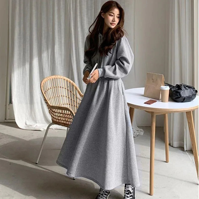 Women's Hooded Maxi Dress - Autumn Winter Long Sleeve Cotton Pullover A-Line Ribbed Dress